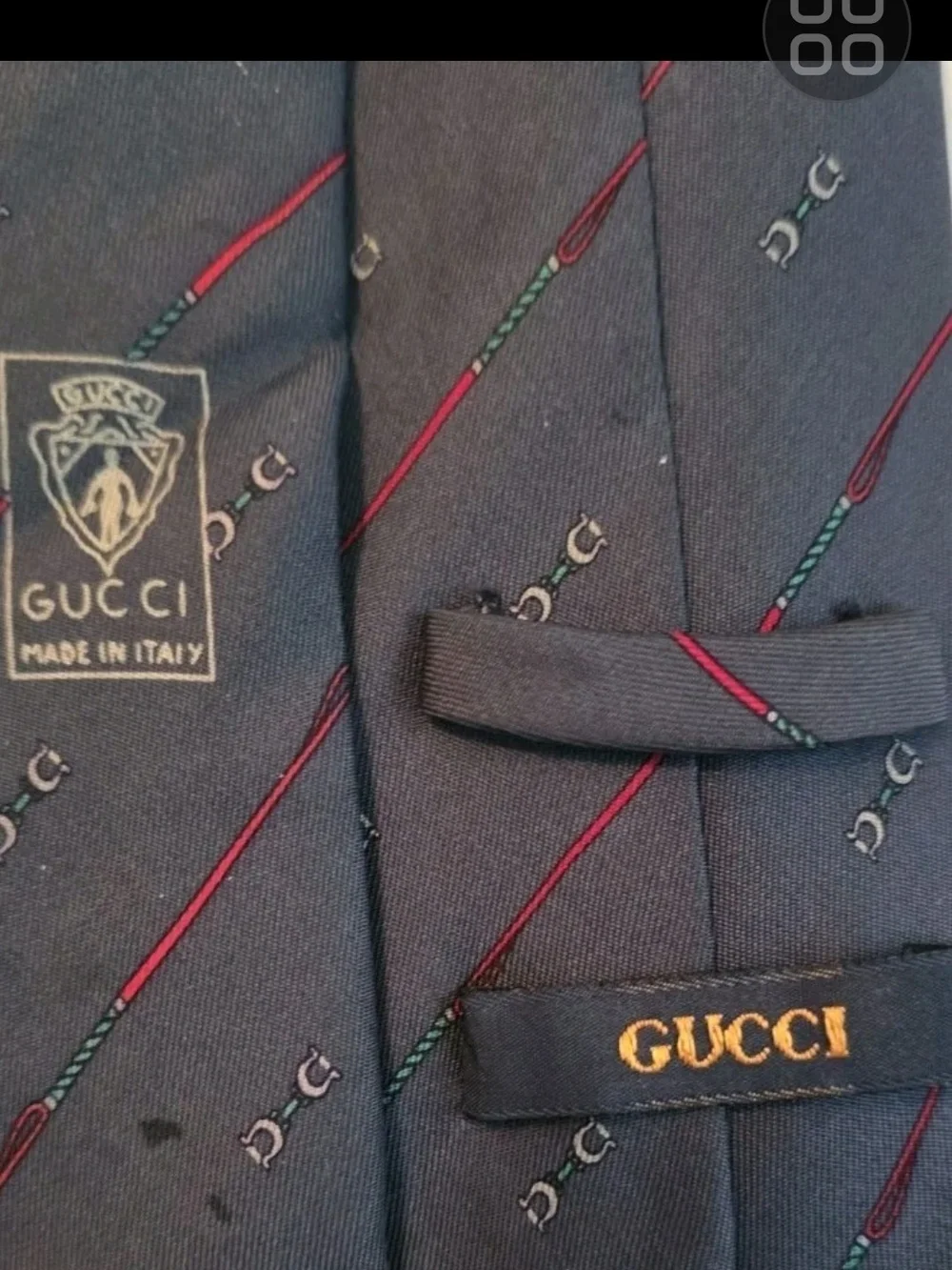 Gucci Navy Silk Tie with Red and Green Equestrian Stitch Motif